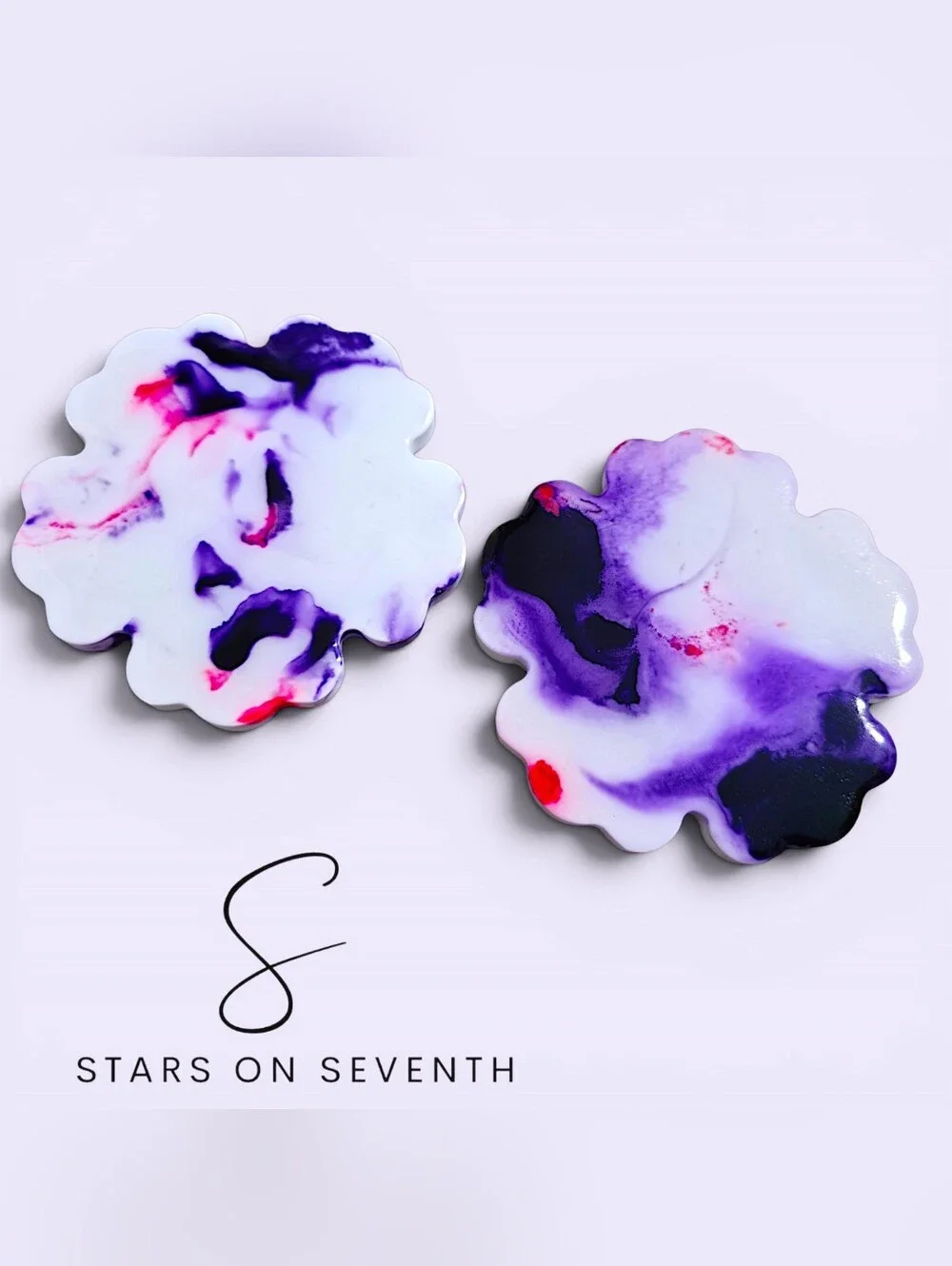 (2) 3-Inch Ceramic & UV Resin Flower Coasters l Vibrant Purple & Pink